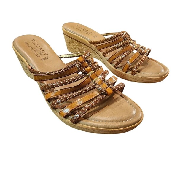 Easy Street Sandals Womens 9.5M Brown Strappy Wedge Slide Comfort Tuscany Italy - Picture 1 of 13